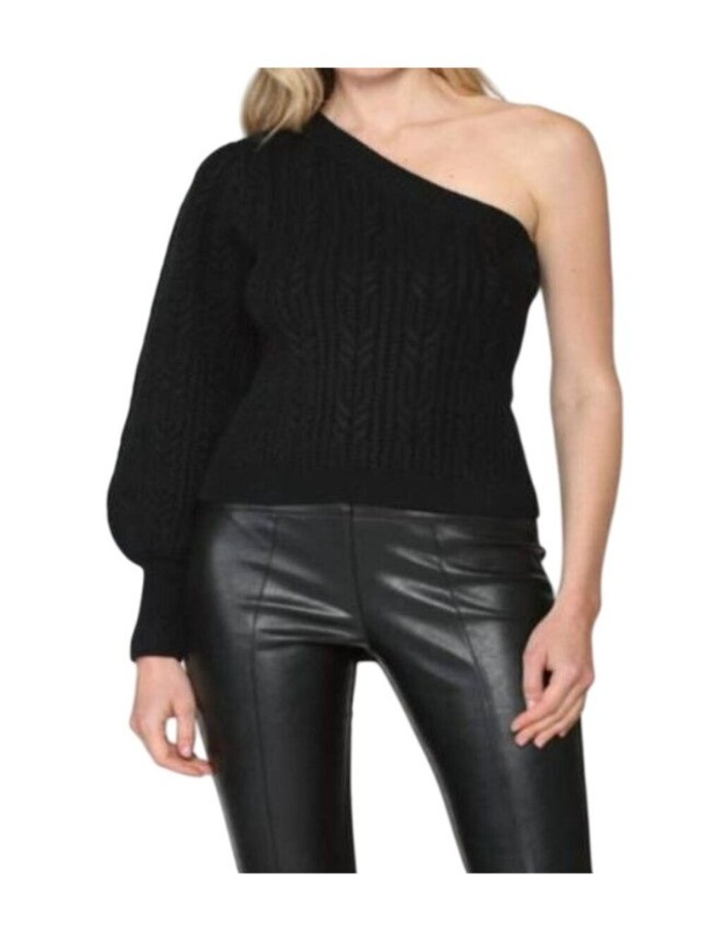 Fate One-Shoulder Black Cable Knit Sweater Women’s Size L Fall Minimalist NEW